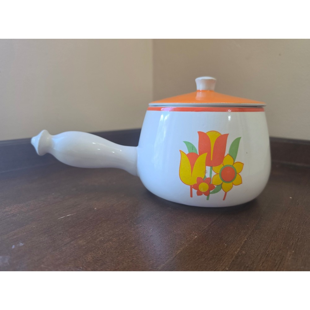 Vintage 1970s Floral Oven Proof Stoneware Pot with Orange Lid & Handle - Retro